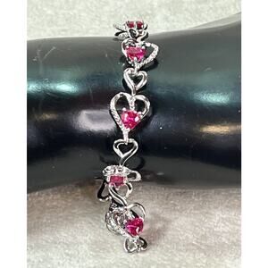925 Sterling Silver and Red Ruby Heart Link Bracelet Love Design 8” 10g